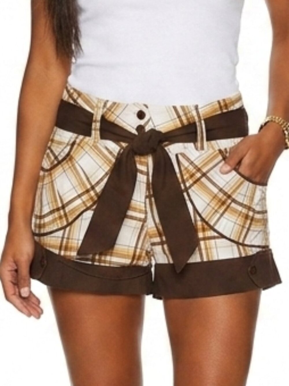 Vintage Y2K Plaid Shorts w Belt Low Rise Brown Yellow Grunge Summer Preppy Cute